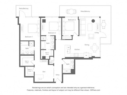 Floor plan for 3 beds, 2 baths, 1675 sqft